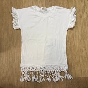 M.L. Kids Girls' White Ruffle Sleeve Crochet Lace Hem Tassel Fringe Top Size 3T